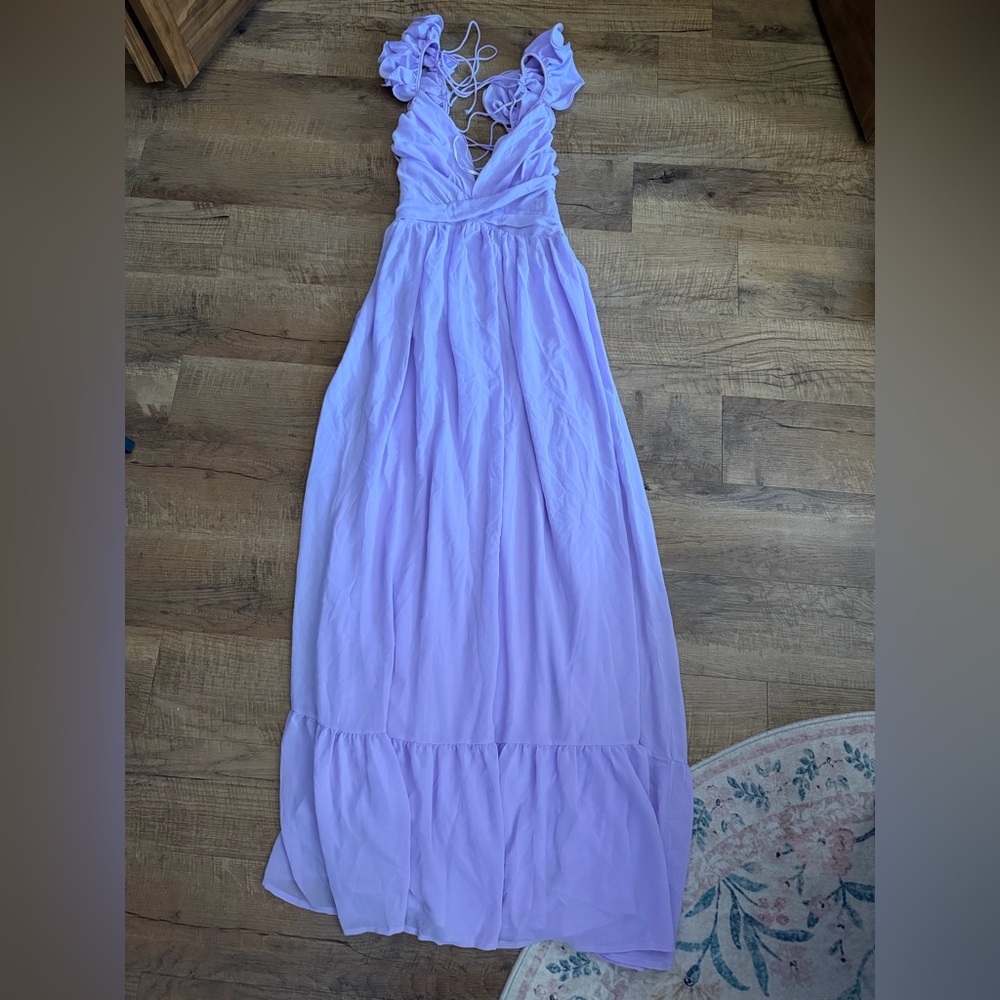 Lulus Soiree Celebration Lilac Ruffled Lace-Up Maxi Dress - Picture 4 of 5